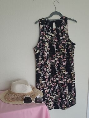 INC International Concepts Black Floral Dress with Pink & Cream Blooms